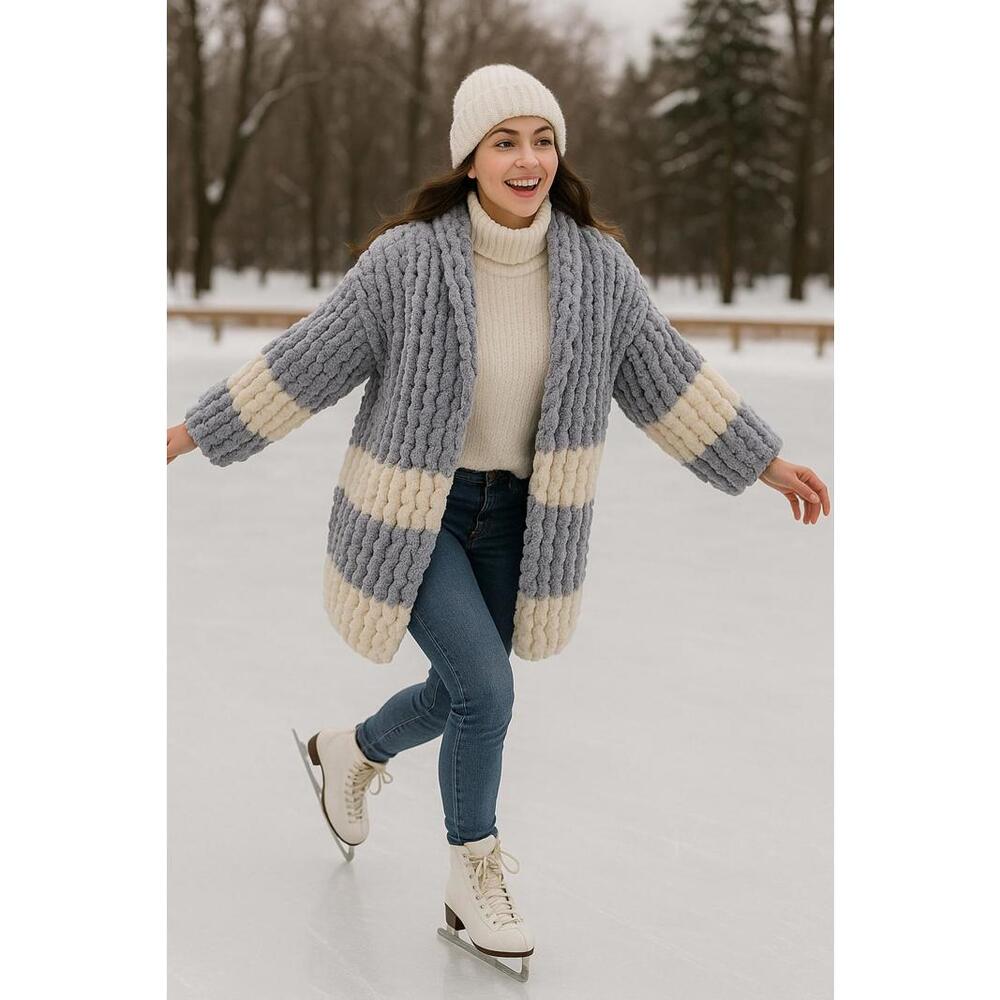 Handmade Chunky Knit Colorblock Women's Cardigan - XL